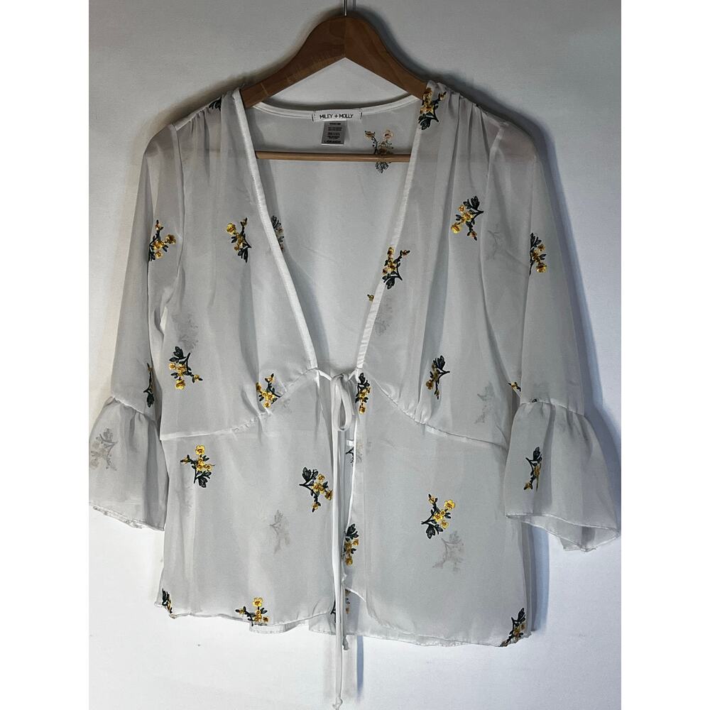 Miley + Molly Sheer Women's wrap around with front tie Blouse size L Pre-Owned